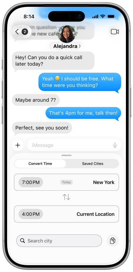 Timezoner shown inside an iMessage conversation